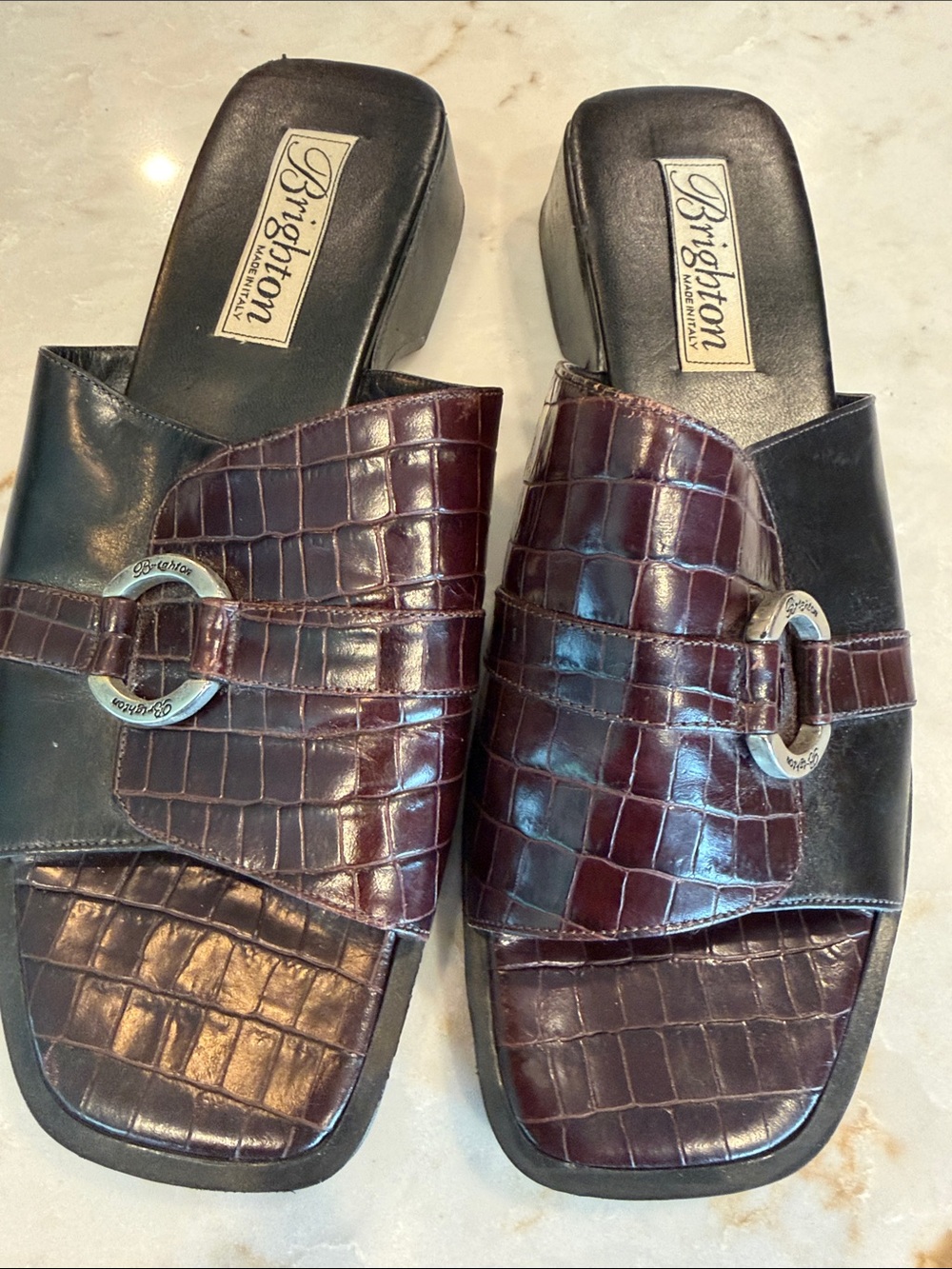 Brighton Croc-Embossed Slide Mules in Deep Wine